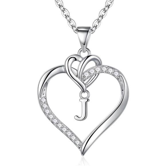Heart Initial Necklaces for Women Girls Silver J - Picture 1 of 5